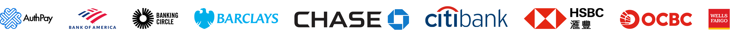 Partner banks: AuthPay, Bank of America, Banking Circle, Barclays, Chase, Citibank, HSBC, OCBC, Wells Fargo